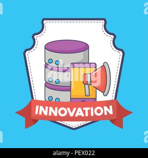 decorative frame with data servers and megaphone icon over blue background, colorful design. vector illustration Stock Vector