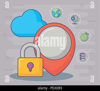 location pin and padlock with innovation and technology related icons around over gray background, colorful design. vector illustration Stock Vector