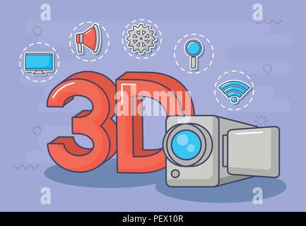 videocamera and 3D symbol with innovation and technology related icons around over purple background, colorful design. vector illustration Stock Vector