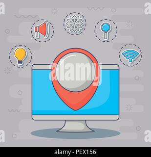 computer and location pin with innovation and technology related icons around over gray background, colorful design. vector illustration Stock Vector