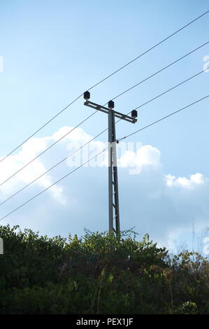 Pillar and power lines against a cloudy sky Stock Photo - Alamy