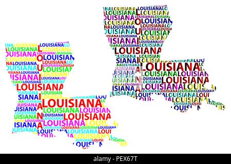Sketch Louisiana (United States of America, Pelican State) letter text map, Louisiana map - in the shape of the continent, Map Louisiana - color vecto Stock Vector