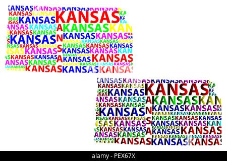 Sketch Kansas (United States of America) letter text map, Kansas map - in the shape of the continent, Map Kansas - color vector illustration Stock Vector