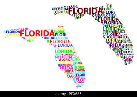 Sketch Florida (United States of America, The Sunshine State) letter text map, Florida map - in the shape of the continent, Map Florida - color vector Stock Vector