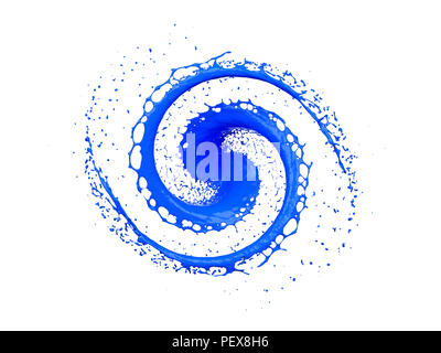 Blue liquid splashing in circle and drops isolated on white background, 3D rendering Stock Photo