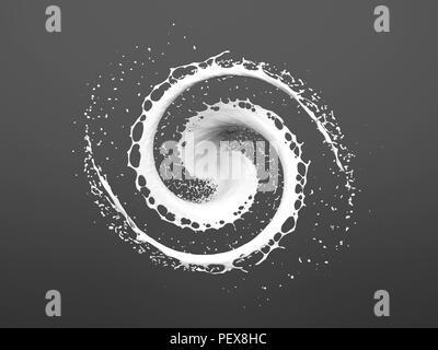 White liquid splashing in circle and drops isolated on white background, 3D rendering Stock Photo