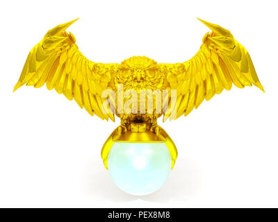 Golden owl figure and magical ball isolated on white background Stock Photo