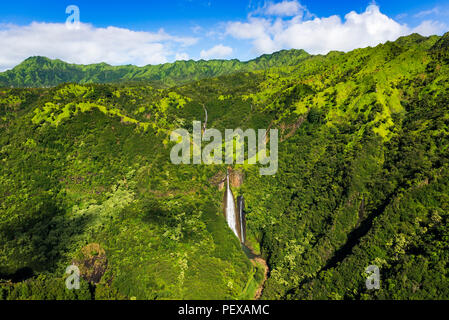 Manawaiopuna Falls (aerial) also known as Jurassic Park Falls, Hanapepe Valley, Kauai, Hawaii USA
