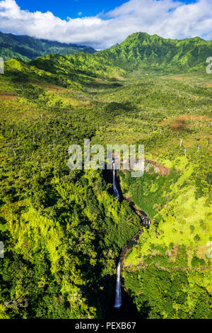 Kahili Falls (aerial), Hanapepe Valley, Kauai, Hawaii USA Stock Photo