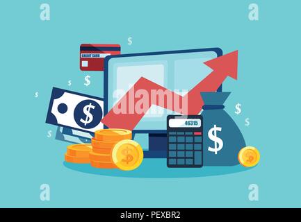 Vector concept of financial investment, tools with growth report. Calculations and graph of gains on the market and cash earnings. Stock Vector