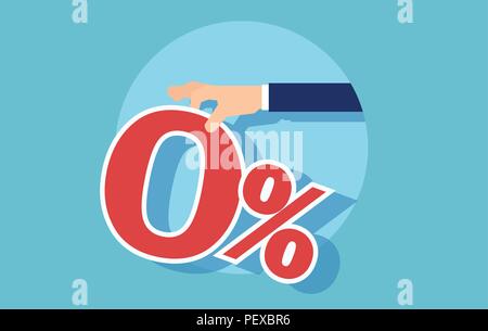 Vector of a red zero percent offered by businessman, isolated on blue background. Stock Vector