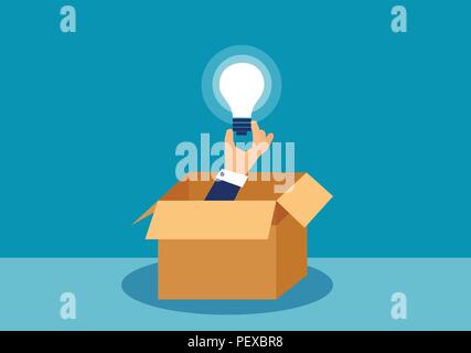Vector illustration of a hand holding idea light bulb, think outside the box concept Stock Vector