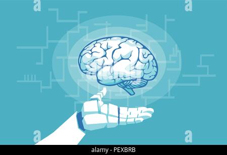 Vector of a robot hand holding examining human brain. Artificial intelligence concept Stock Vector