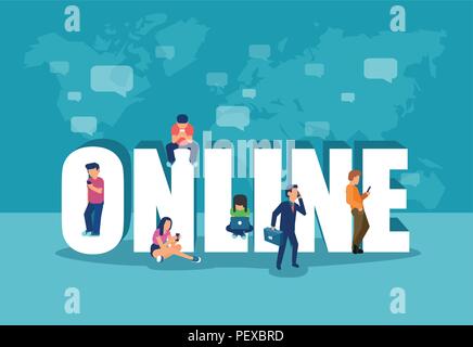 Online addiction concept. Vector of group of people using mobile gadgets for social networking. Stock Vector