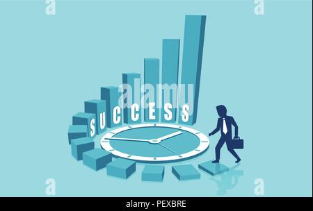Vector of a businessman climbing up the success staircase improving skills with time. Corporate journey concept growth and the path to self realizatio Stock Vector