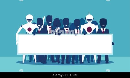 Vector of a group of businesspeople and robots holding blank white banner. Human business in robotic hands concept. Artificial intelligence and automa Stock Vector