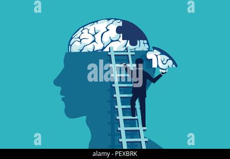 Brain puzzle vector concept. Business man climbing up the stairs reaching human head to add piece of brain puzzle. Stock Vector