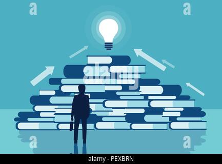 Knowledge and business education concept. Vector of a businessman standing in front of a pile of books. Reading for self realization career developmen Stock Vector