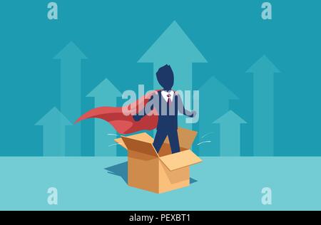 Vector of a businessman corporate employee as a super hero thinking outside the box has ideas for personal career and business growth Stock Vector