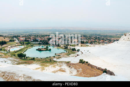 Travertines of Pamukkale and old town in Turkey Stock Photo