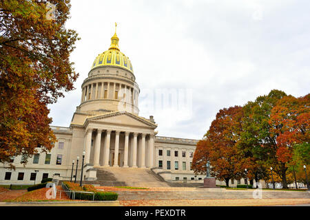 West Virginia State Capitol Building with Colorful Fall Leaves Stock Photo