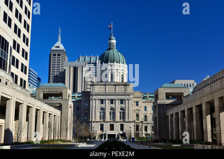 Indiana Statehouse Capitol Building on a Sunny Day with the Indianapolis Skyline Stock Photo