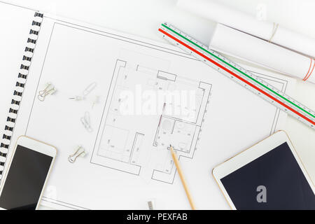 Creative flat lay overhead top view blueprints architectural flat project plan and office supplies on decorator white table workspace with swatches to Stock Photo