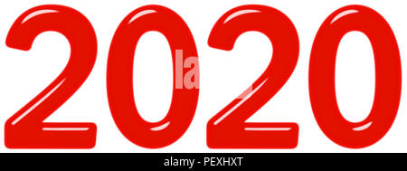 Inscription 2020 from red glass or plastic, isolated on white background, 3d render Stock Photo