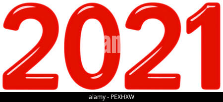 Inscription 2021 from red glass or plastic, isolated on white background, 3d render Stock Photo