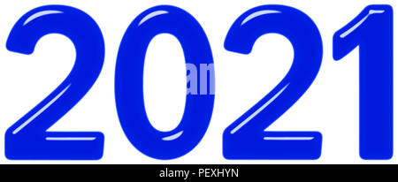 Inscription 2021 from blue glass or plastic, isolated on white background, 3d render Stock Photo