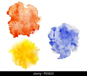 Colorful stains of watercolor, isolated on white background - yellow, red and blue Stock Photo