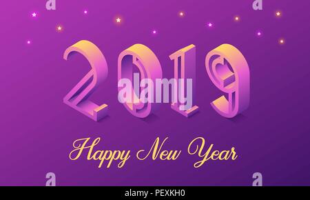New Year 2019 in Isometric style. Vector isometric illustration of number 2019 in yellow-purple gradient with greeting inscription of Happy New Year.  Stock Vector