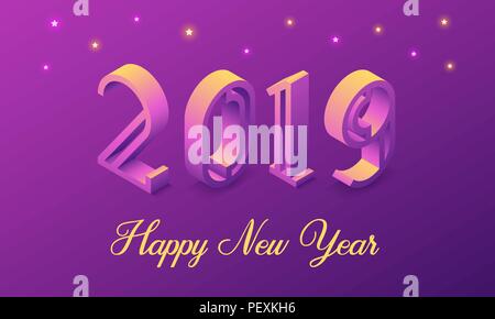 New Year 2019 in Isometric style. Vector isometric illustration of number 2019 in yellow-purple gradient with greeting inscription of Happy New Year.  Stock Vector