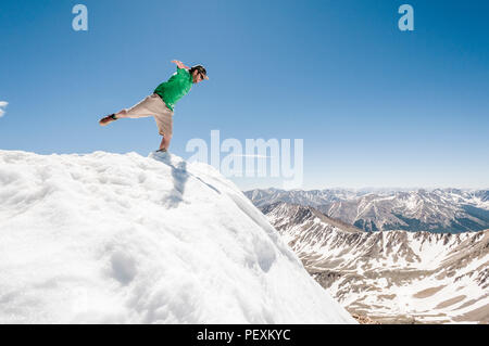 Hiker on mountain peak, La Plata Mountains, Colorado, USA Stock Photo