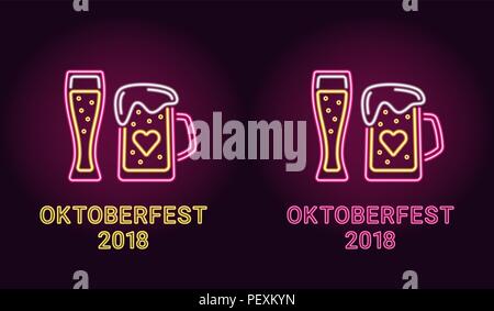 Neon banner of Oktoberfest holiday in pink and yellow color. Vector illustration of Glass with Beer and Mug with Beer in neon style. Holiday poster of Stock Vector