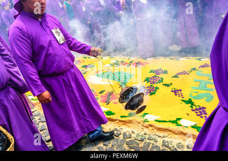 Antigua, Guatemala - March 15, 2015: Lent procession in UNESCO World Heritage Site with most famous Holy Week celebrations in Latin America. Stock Photo