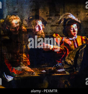 The Calling of Saint Matthew by Caravaggio projected on wall, Lucca, Tuscany, Italy Stock Photo