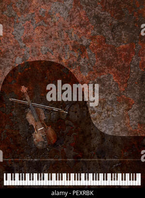 Grand Piano Keyboard and Violin Musical Instruments on Grunge Texture Background Stock Photo