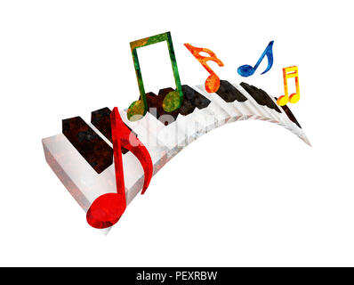 Piano Keyboard with Black and White Wavy Keys and Colorful Music Notes in 3D grunge texture isolated on White Background Illustration Stock Photo