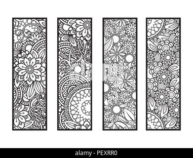 Set of four bookmarks in black and white. Doodles flowers and ornaments for adult coloring book. Vector illustration. Stock Vector