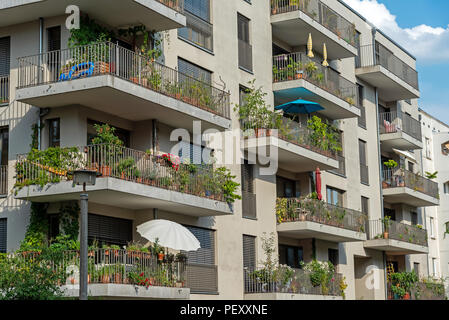 Modern gray apartment building with big balconies seen in Berlin ...