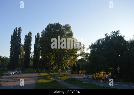 Teius Park in Caransebes at sunset Stock Photo