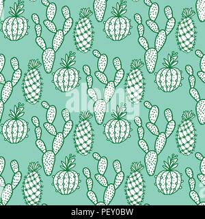 Set hand drawn cactus with flowers. Seamless pattern. Vector illustration isolated on green Stock Vector