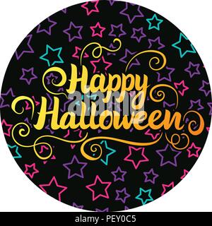 Happy halloween Lettering. Vector illustration on black round sticker background with kids star. Stock Vector