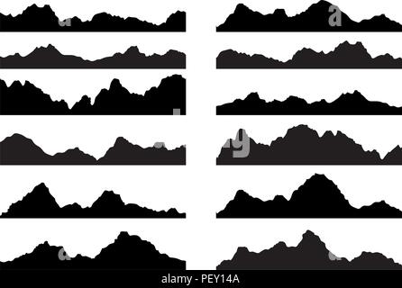 vector set of black and white mountain silhouettes, background border of rocky mountains Stock Vector