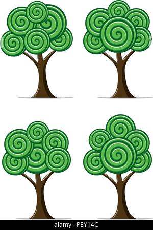 vector set of stylized abstract trees with round spiral shapes, isolated on white background Stock Vector