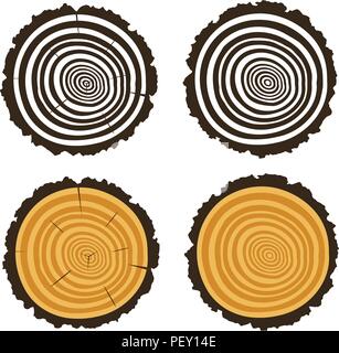 vector wooden cut of a tree log with concentric rings and bark, trunk section texture with rough circles isolated on white background Stock Vector