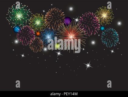vector fireworks background with stars and lights for christmas, 4th of july, carnival and holiday illustrations, colorful bonfire night Stock Vector