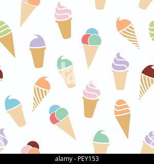 vector seamless ice cream pattern. colorful cartoon background with wafer icecream cones and cups. paper wrapping design Stock Vector