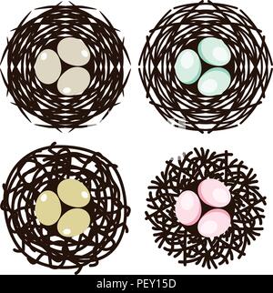 vector symbols of bird nests with eggs. family home icons isolated on white background. Stock Vector